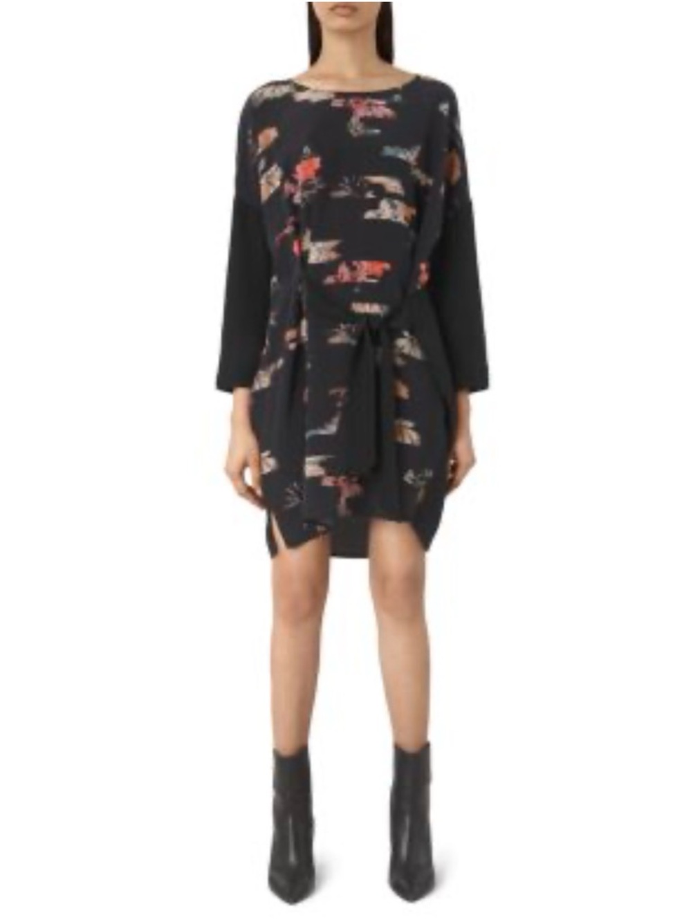 AllSaints Black Floral Tie silk Long Sleeve Dress size 8